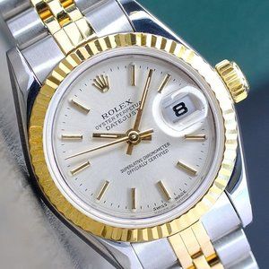 ROLEX LADIES DATEJUST 18K GOLD STEEL WATCH 69173 SILVER INDEX DIAL FLUTED 26MM